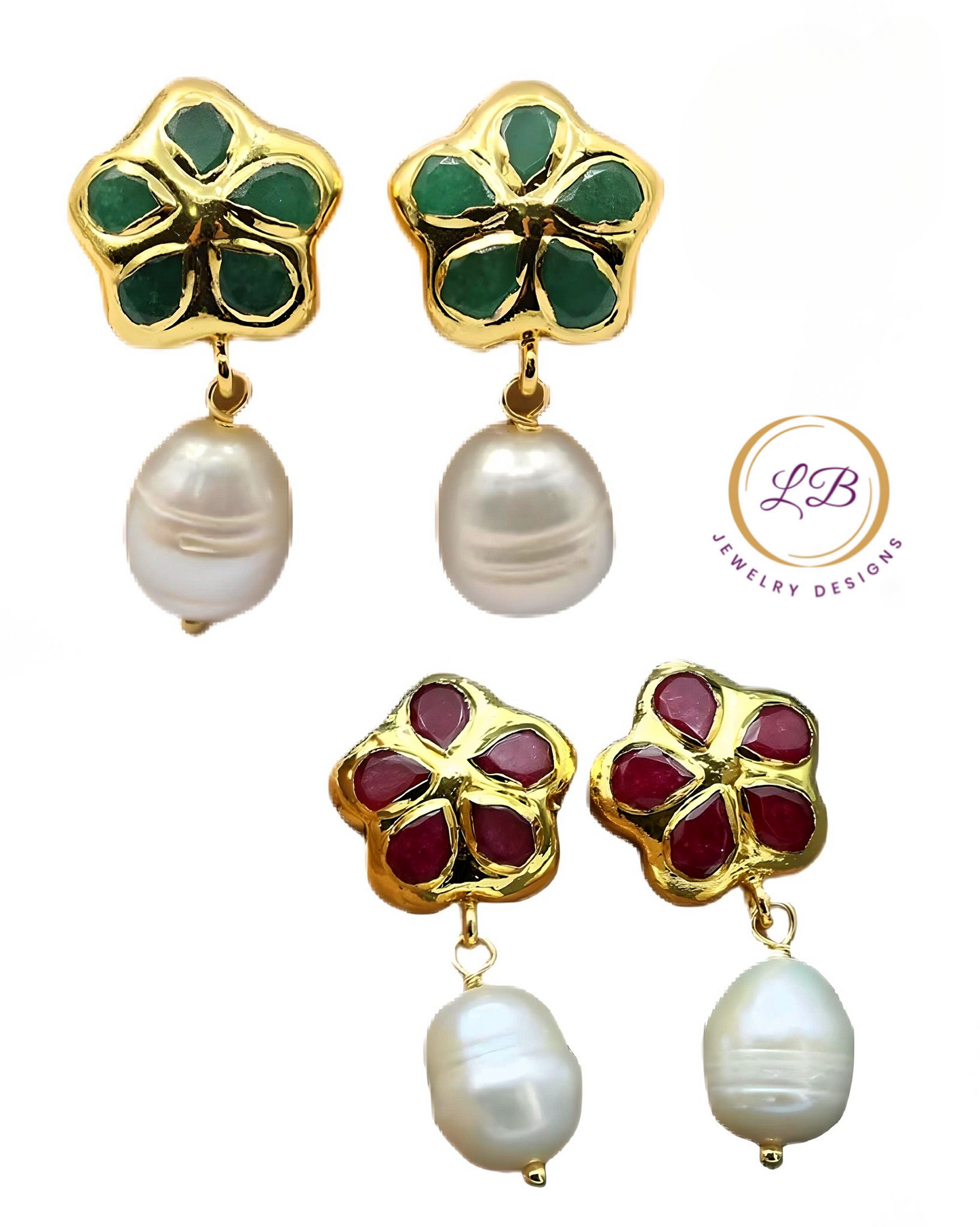 Jade & Freshwater Pearls Drop Earrings - Red or Green Jade