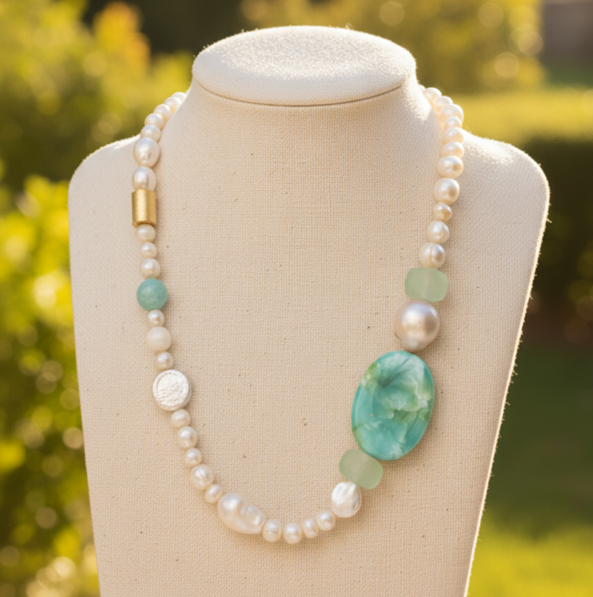 Montecito Angel Victoria Stone, Amazonite & Freshwater Pearl Statement Necklace