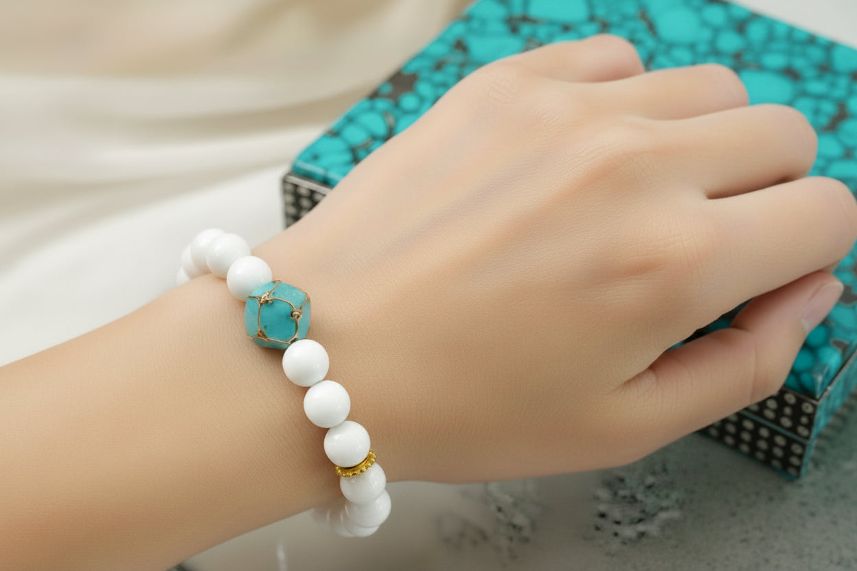 White Alabaster & Turquoise Enamel Bracelet – Palm Beach Resort Jewelry