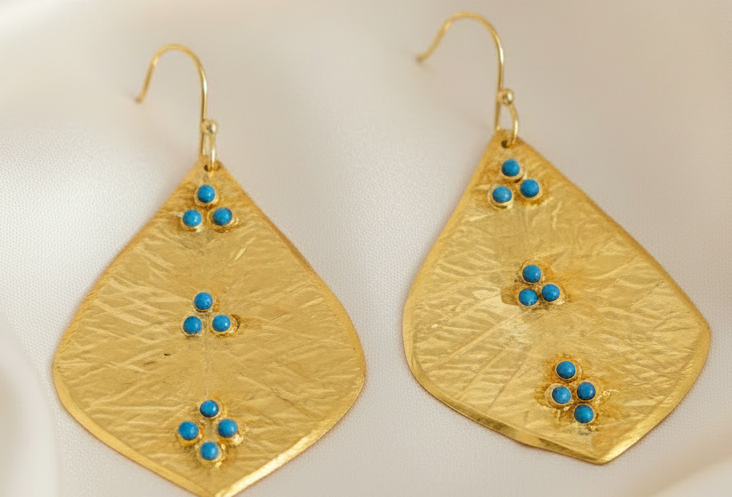 Capri Hammered Gold Leaf Turquoise Statement Earrings – 22k Gold Vermeil Resort Jewelry