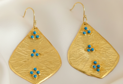 Capri Hammered Gold Leaf Turquoise Statement Earrings – 22k Gold Vermeil Resort Jewelry