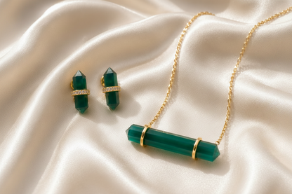 Montecito Emerald Green Onyx & Vermeil Crystal Bar Necklace and Stud Earring Set