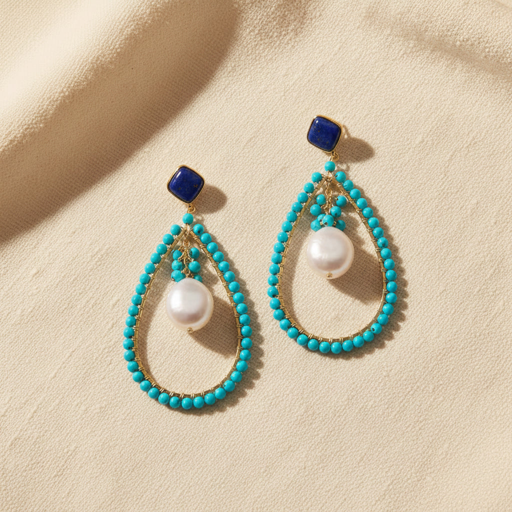Montecito Lapis, Turquoise & Coin Pearl Statement Earrings | Coastal Resort Luxury