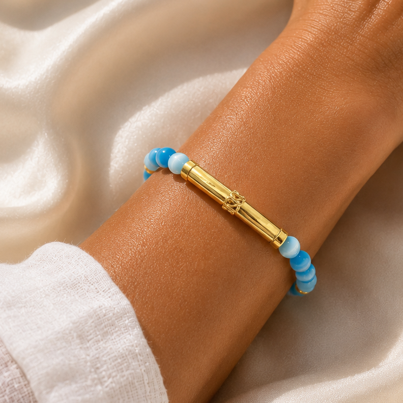 Capri Sky Blue Mexican Fire Opal & Gold Vermeil Bali Bracelet | One-of-a-Kind