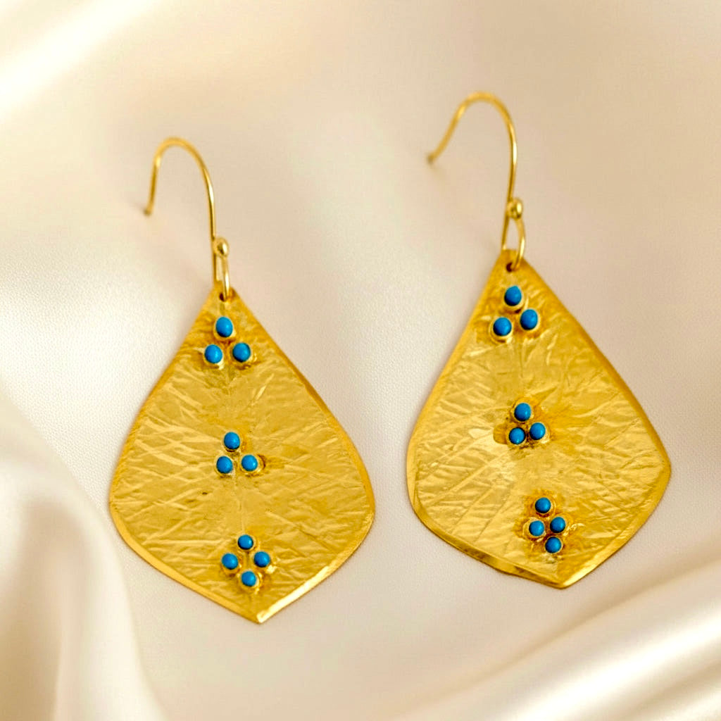 Capri One-of-a-Kind Hammered Gold Leaf & Sleeping Beauty Turquoise Sculptural Drop Earrings