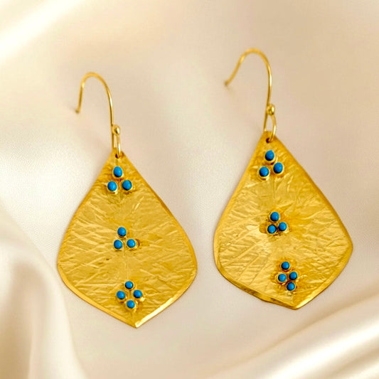 Capri One-of-a-Kind Hammered Gold Leaf & Sleeping Beauty Turquoise Sculptural Drop Earrings