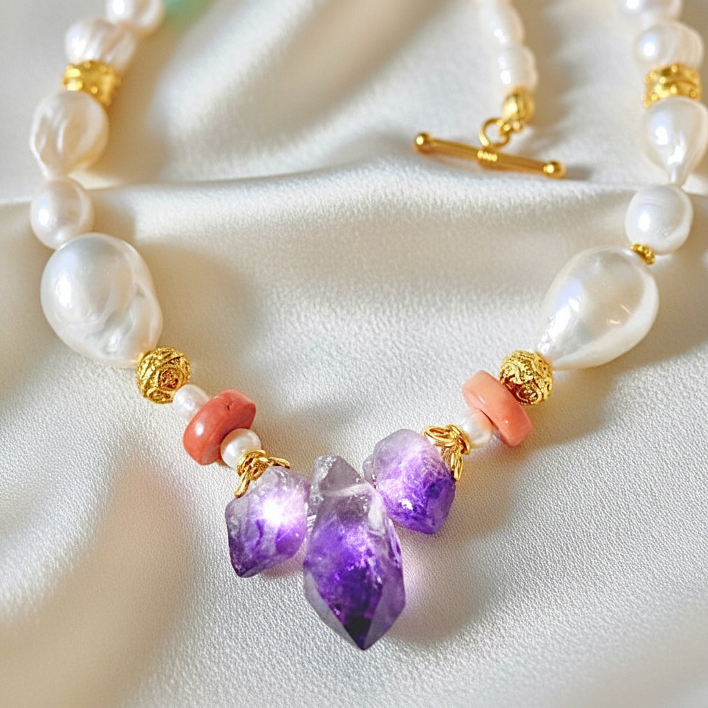 Amalfi Raw Amethyst, Freshwater Pearl & Coral Statement Necklace | One-of-a-Kind Luxury Necklace