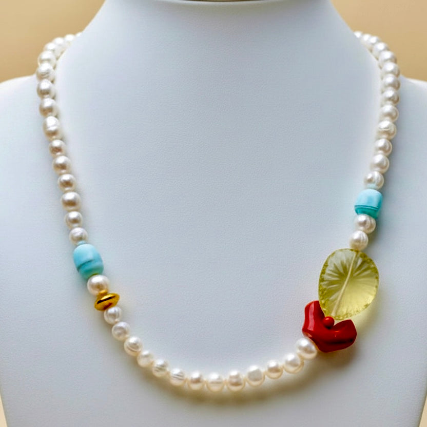 Amalfi Coral, Lemon Quartz & Freshwater Pearl Statement Necklace | One-of-a-Kind Luxury Necklace