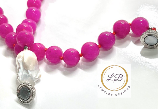 Vivid Pink Sugilite & Baroque Pearl Gemstone Statement Necklace 18