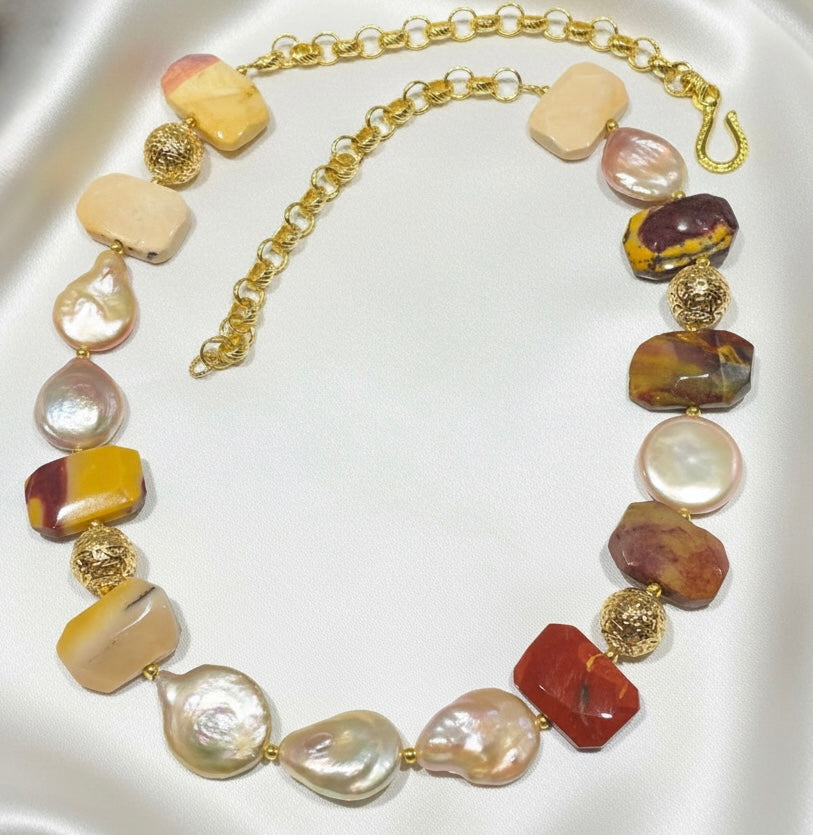 One-of-a-Kind Montecito Mookaite & Keshi Pearl Statement Necklace – 24” Coastal Jasper Necklace