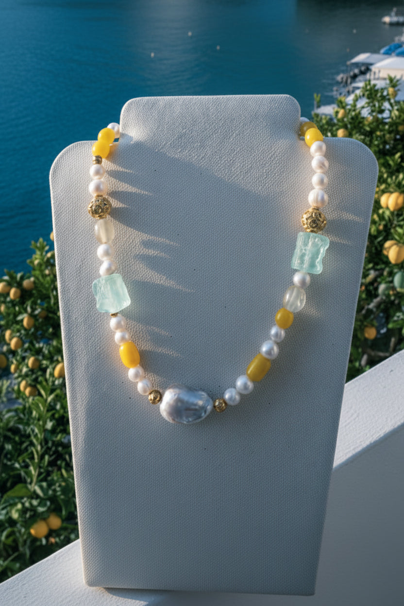Amalfi Sea Glass, Lemon Quartz & Baroque Pearl Statement Necklace