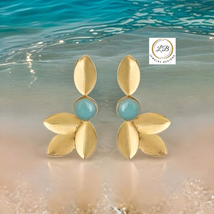 Aquamarine Leaf Design 22k Brushed Gold Vermeil Statement Earrings