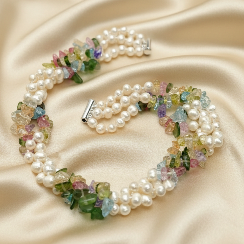 Capri Riviera Tourmaline & Freshwater Pearl Triple Strand Necklace - Luxury Resort Statement Jewelry