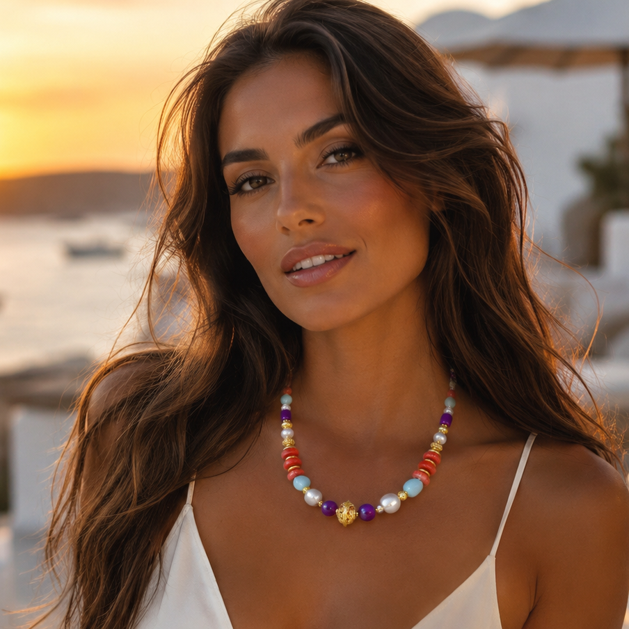 Ibiza Sunset Coral, Pearl & Turquoise Statement Necklace | One-of-a-Kind