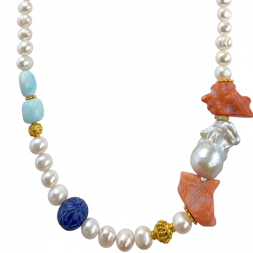 Capri Coral, Baroque Pearl, Opal & Lapis Lazuli Resort Statement Necklace