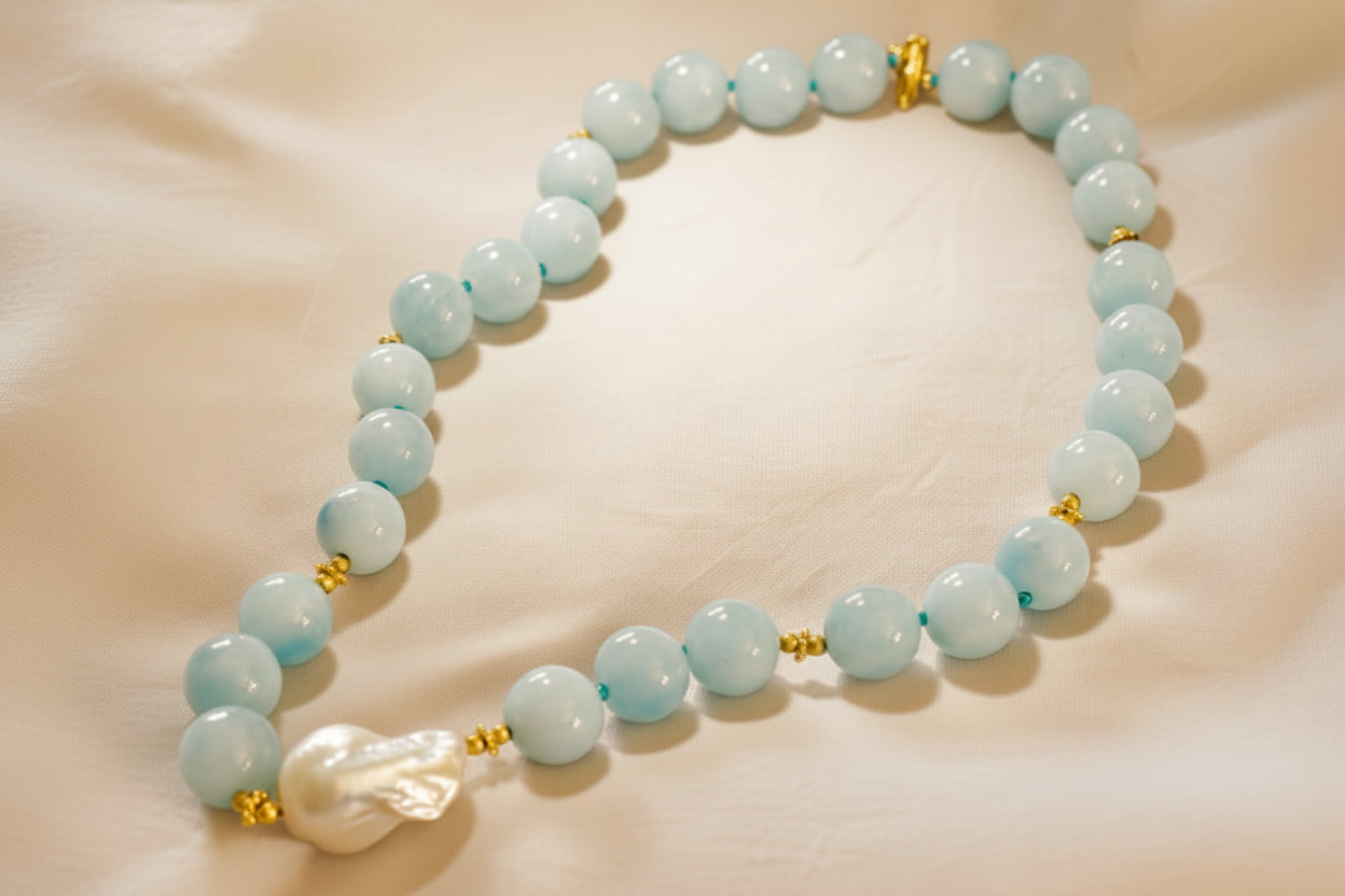 Capri Aquamarine & Baroque Pearl Statement Necklace
18” Hand-Knotted Silk Strand