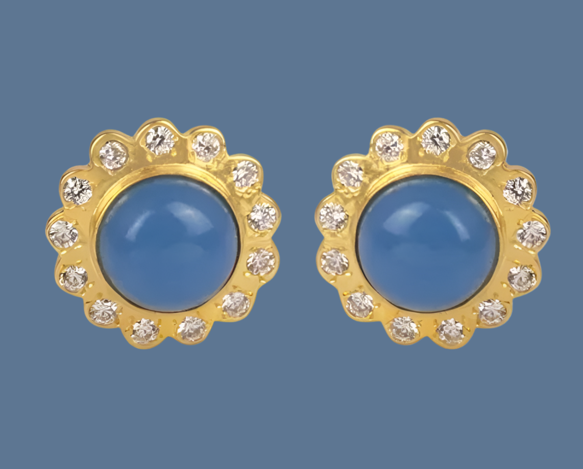 Light Blue Chalcedony Gemstone Gold Stud Earrings 1”