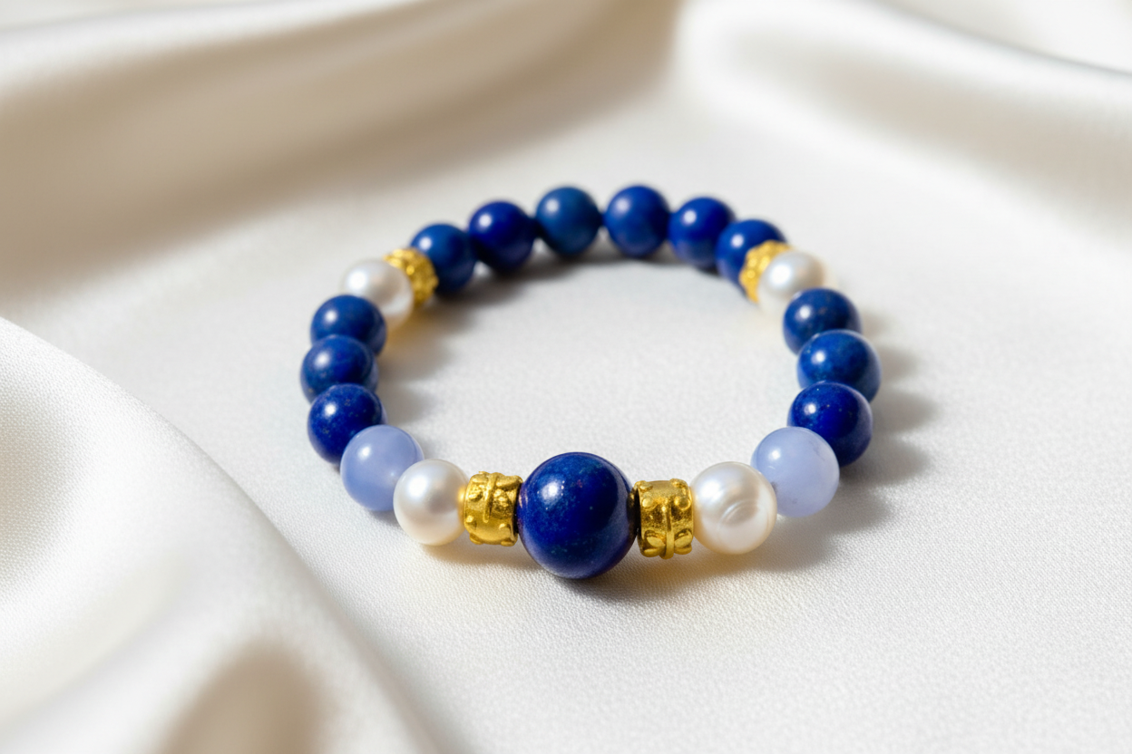 Capri Lapis, Pearl & Blue Lace Vermeil Bracelet | Coastal Luxury Bracelet