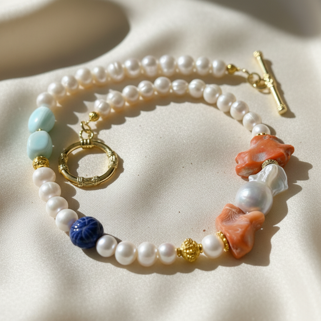 Capri Coral, Baroque Pearl, Opal & Lapis Lazuli Resort Statement Necklace
