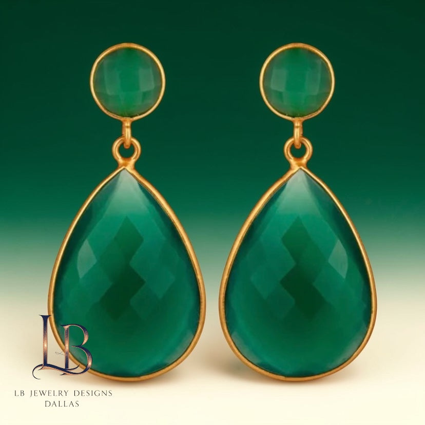 Green Onyx Teardrop Statement Earrings – 22k Gold Gemstone Dangles - 2”