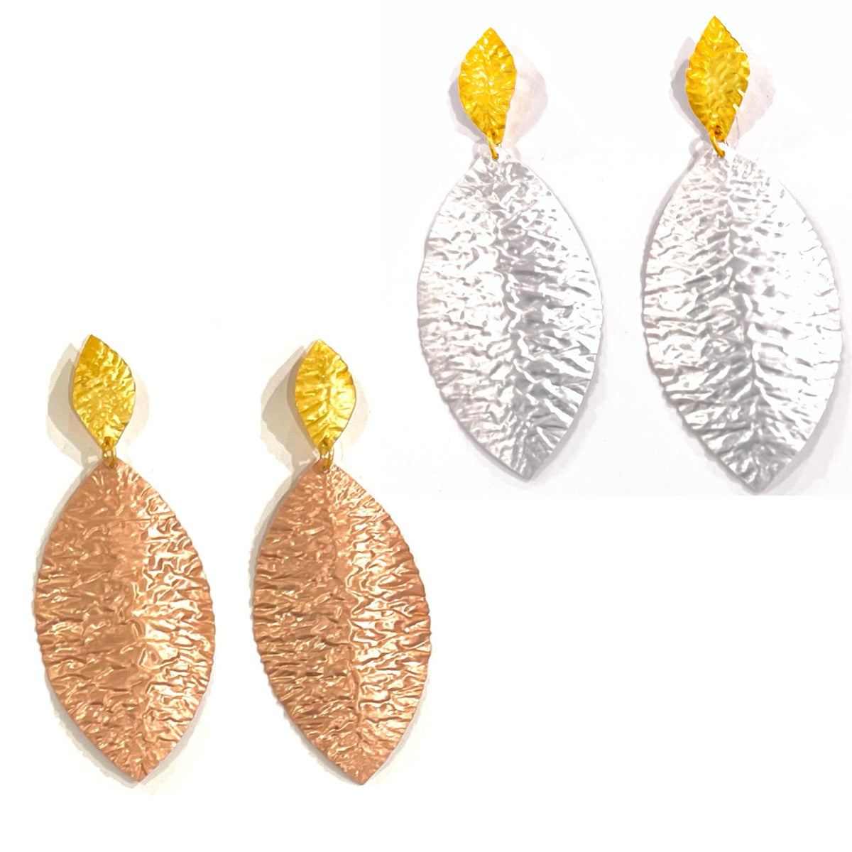 Two-Tone Silver and Rose Gold Hammered Dangle Earrings 2”