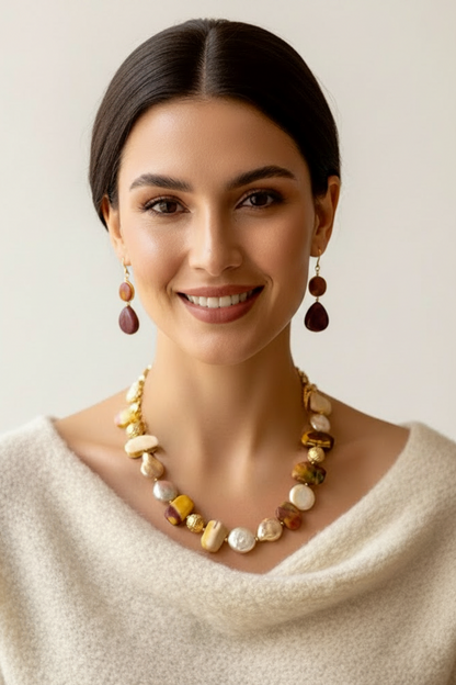 One-of-a-Kind Montecito Mookaite & Keshi Pearl Statement Necklace – 24” Coastal Jasper Necklace