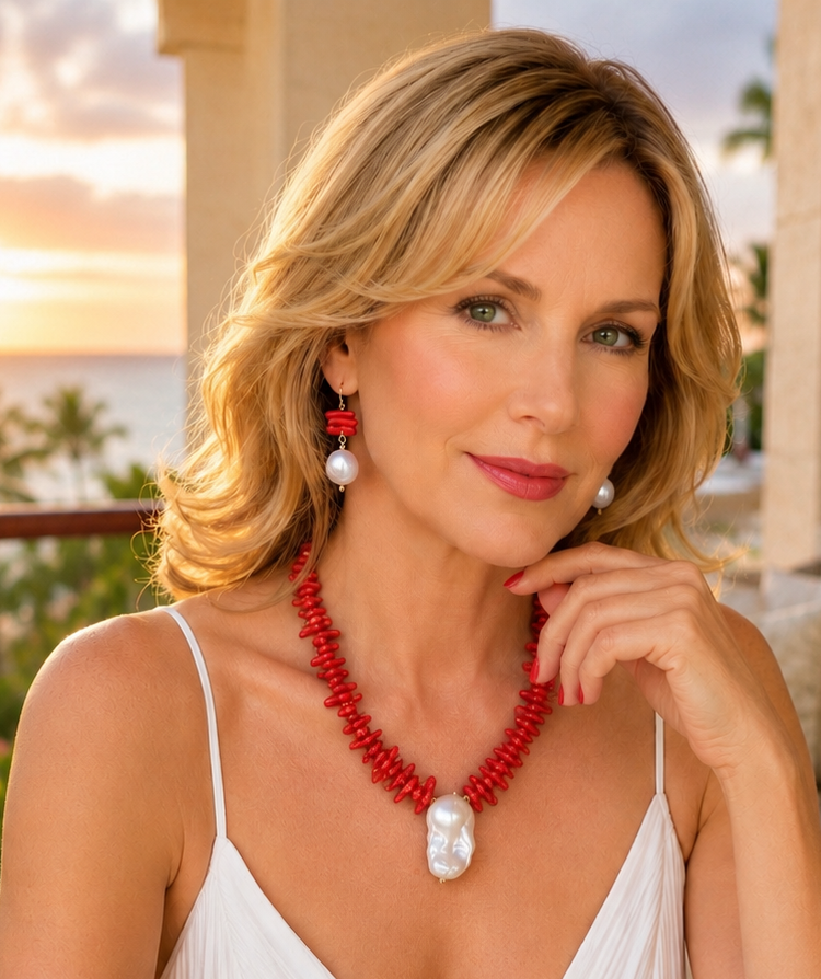 Woman enjoying  coastal living wearing red coral and baroque jewelry