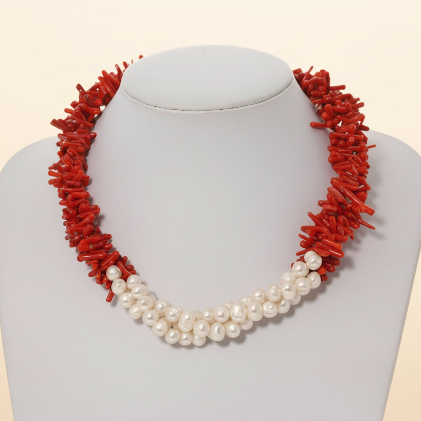 Ibiza Red Coral & Freshwater Pearl Triple-Strand Necklace - Luxury Coastal Statement Jewelry