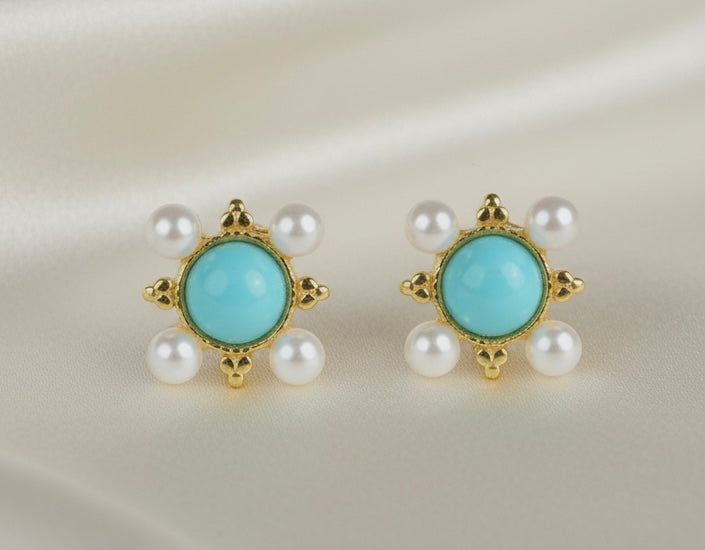 Capri Petite Turquoise & Pearl Stud Earrings – Sleeping Beauty Turquoise Gold Vermeil Studs