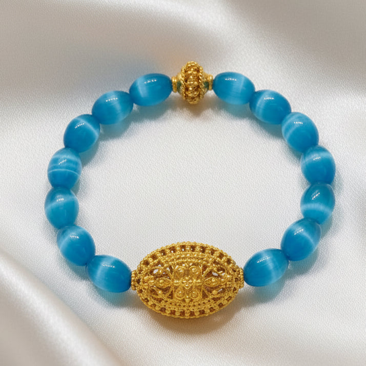Capri Aqua Cat’s Eye Fire Opal & 18k Gold Vermeil Filigree Bracelet | Limited Edition