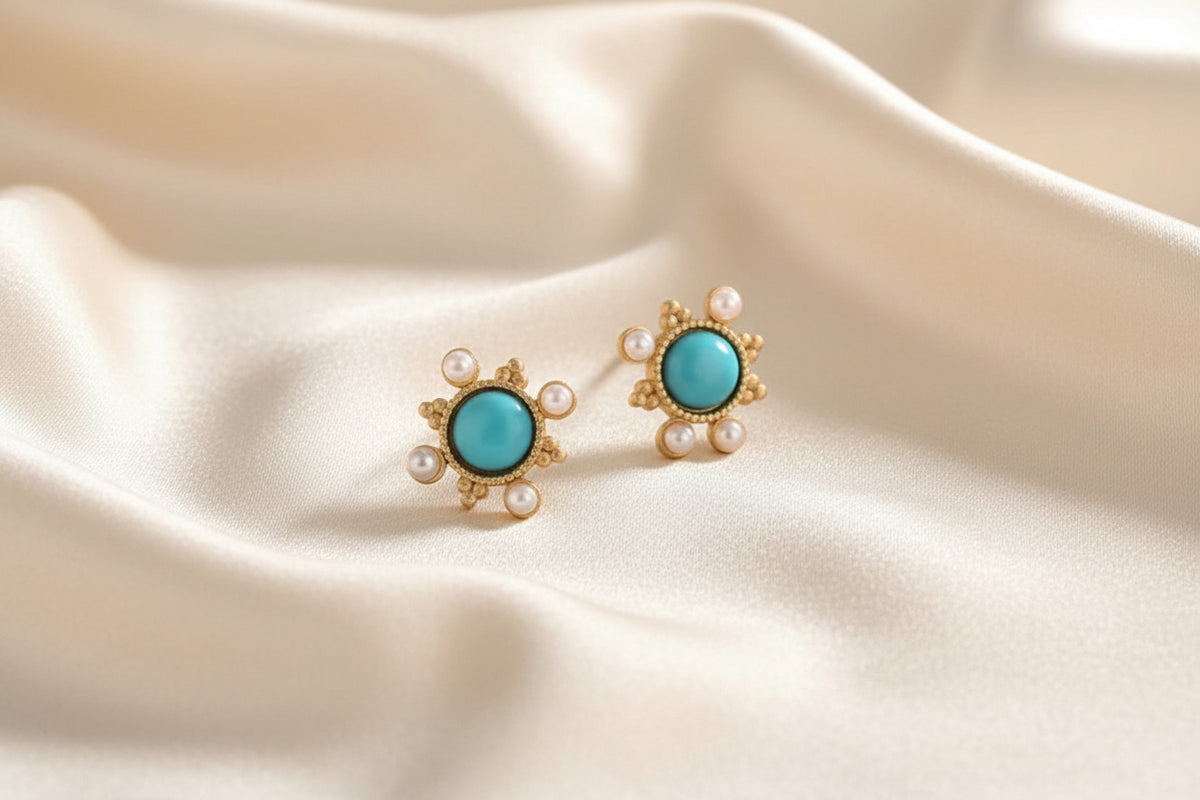 Capri Petite Sleeping Beauty Turquoise, Freshwater Pearl & Gold Vermeil Stud Earrings