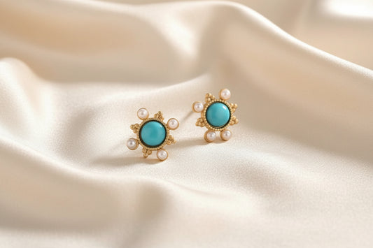 Capri Petite Sleeping Beauty Turquoise, Freshwater Pearl & Gold Vermeil Stud Earrings