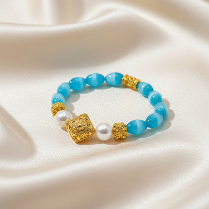 Capri Sky Blue Mexican Fire Opals & Freshwater Pearl Gold Vermeil Bracelet | One-of-a-Kind Luxury Bracelet