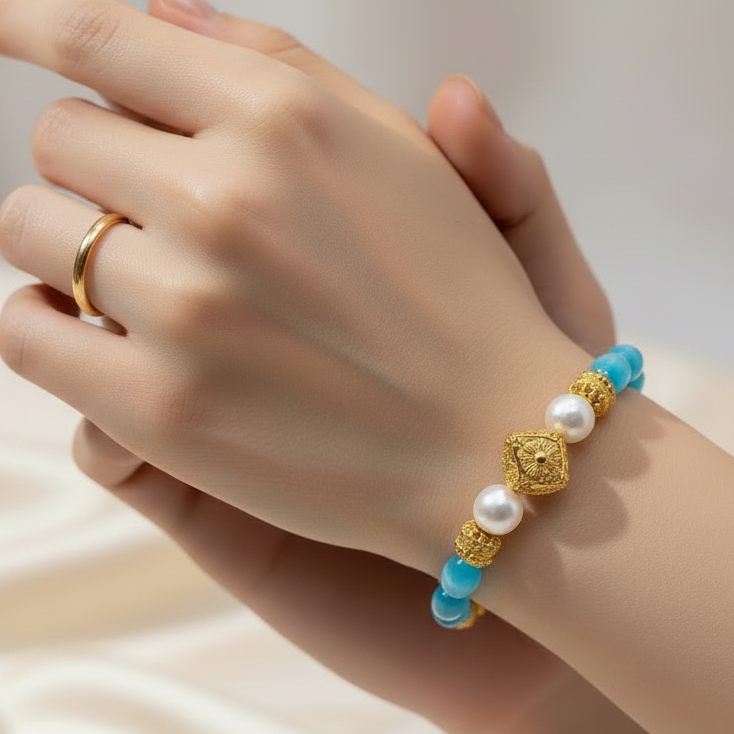 Capri Sky Blue Mexican Fire Opals & Freshwater Pearl Gold Vermeil Bracelet | One-of-a-Kind Luxury Bracelet