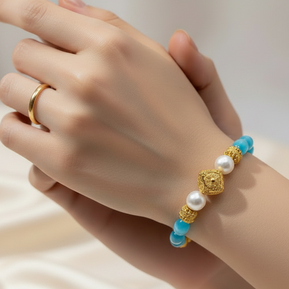 Capri Sky Blue Mexican Fire Opals & Freshwater Pearl Gold Vermeil Bracelet | One-of-a-Kind Luxury Bracelet