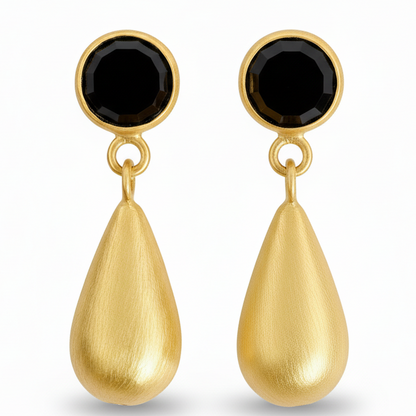 Black Spinel Gold Vermeil Teardrop Dangle Earrings – 1.5”