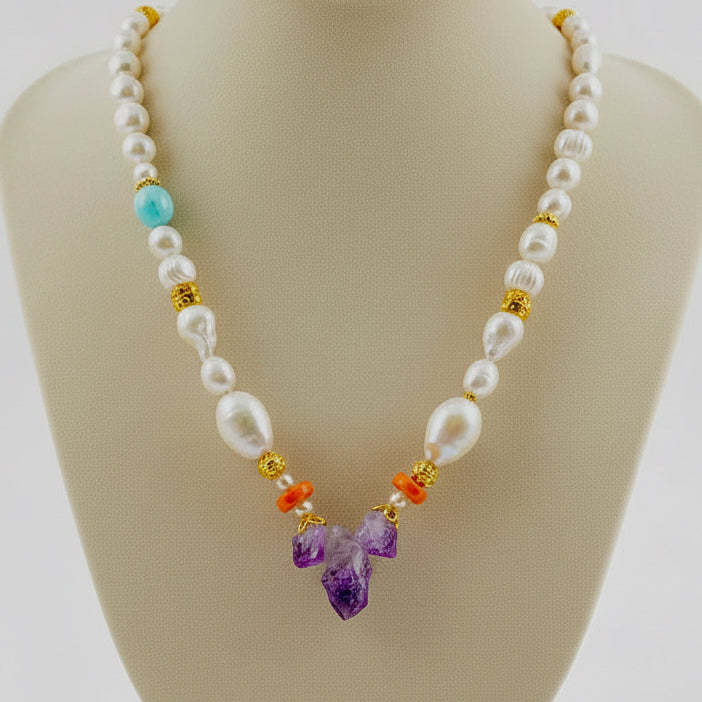 Amalfi Raw Amethyst, Freshwater Pearl & Coral Statement Necklace | One-of-a-Kind Luxury Necklace