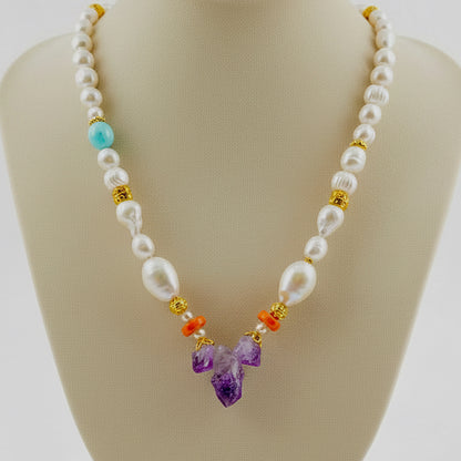 Amalfi Raw Amethyst, Freshwater Pearl & Coral Statement Necklace | One-of-a-Kind Luxury Necklace