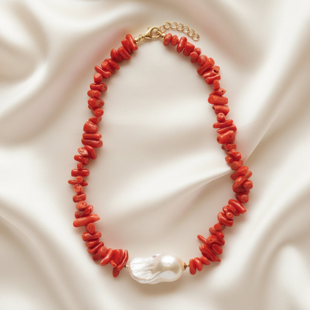 Ibiza Rosso Coral & Baroque Pearl One-of-a-Kind Jewelry Set – Coastal Luxury Coral Necklace & Pearl Drop Earrings