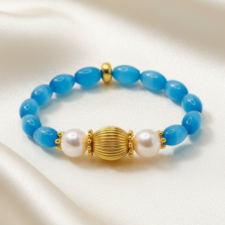 Capri Mexican Fire Opal & Freshwater Pearl Gold-Filled Statement Bracelet | One-of-a-Kind Luxury Bracelet