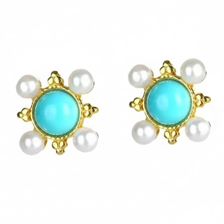 Capri Petite Turquoise & Pearl Stud Earrings – Sleeping Beauty Turquoise Gold Vermeil Studs