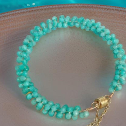 Larimar Gemstone Bracelet – Coastal Blue Faceted Bead Bracelet with Gold Magnetic Clasp