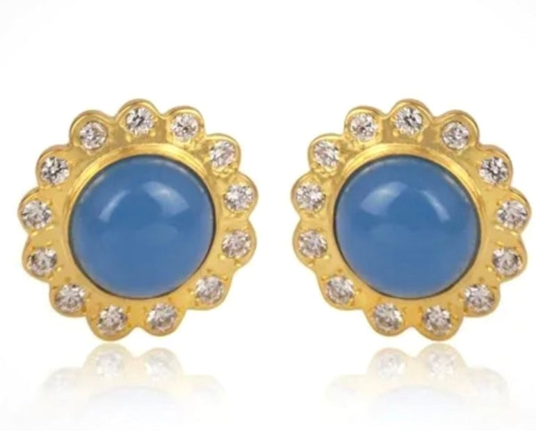 Light Blue Chalcedony Gemstone Gold Stud Earrings 1”