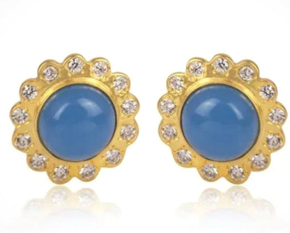 Light Blue Chalcedony Gemstone Gold Stud Earrings 1”