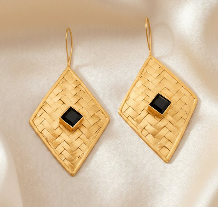 Capri Noir Black Onyx Basket Weave Gold Vermeil Statement Earrings