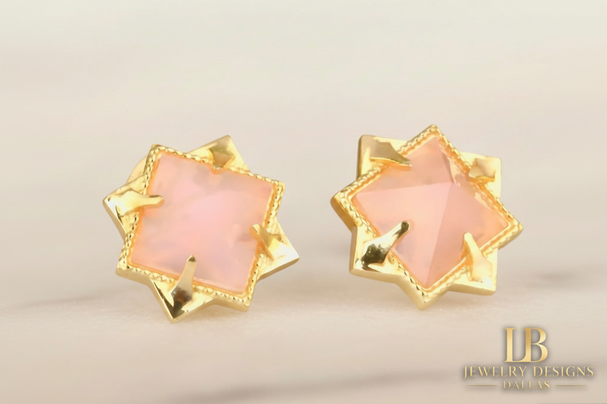 Light Pink Rose Quartz Gemstone Pyramid Stud Earrings - 24k Gold Vermeil