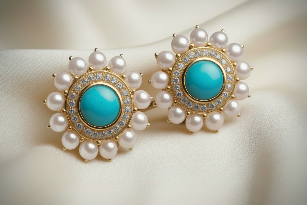 Capri Turquoise & Pearl Halo Statement Stud Earrings