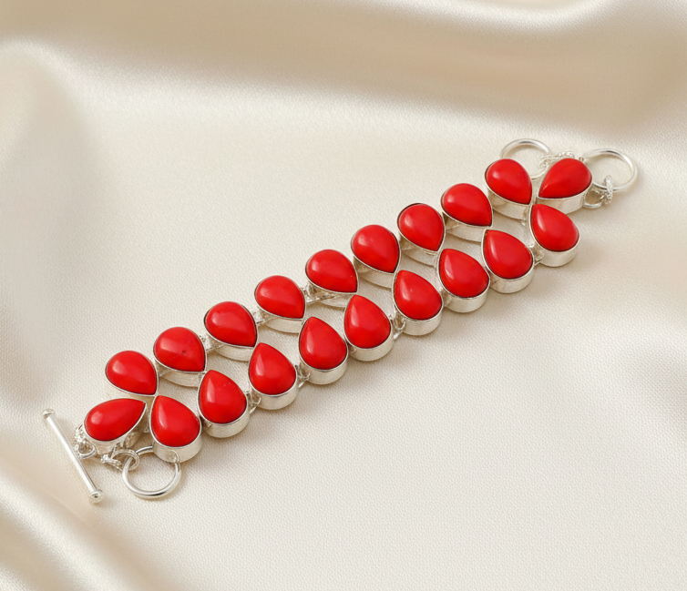 Montecito Double Row Red Coral Sterling Silver Statement Bracelet