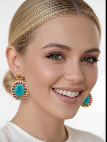 Capri Turquoise & Pink Pavé Floral Statement Earrings - 18k Gold Resort Earrings