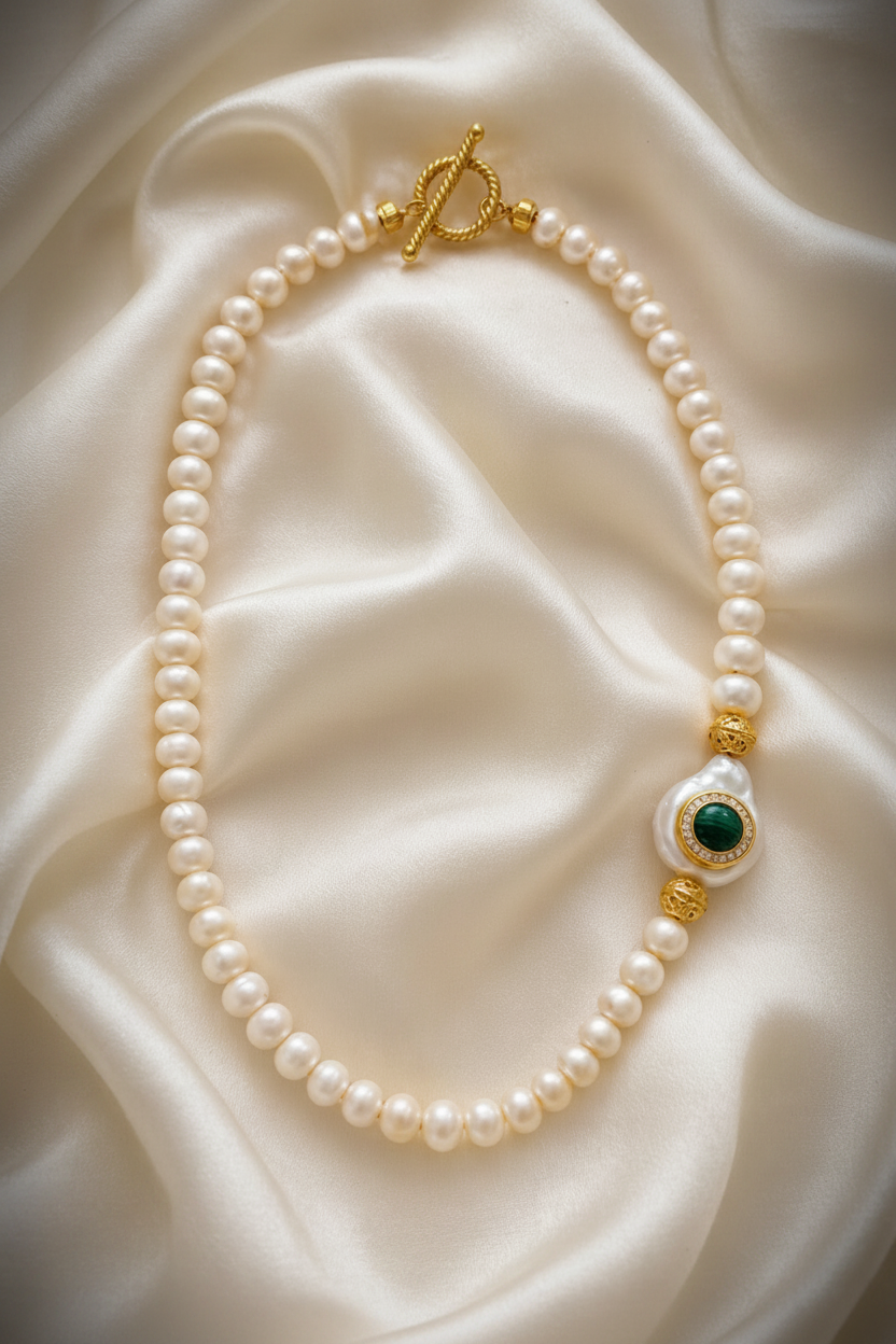 Montecito Malachite & Baroque Pearl Necklace | One-of-a-Kind Luxury Pearl Necklace
